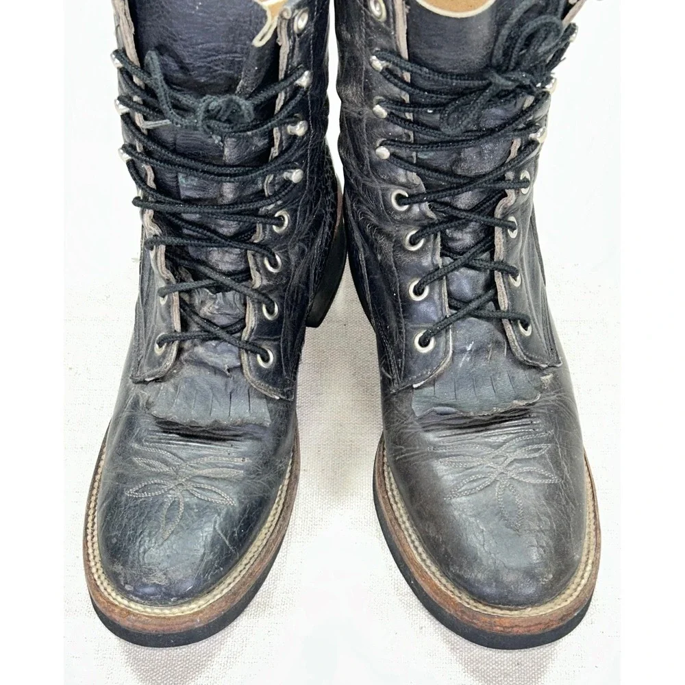 Vintage Justin Men's 8 1/2 B Black Leather Boots Lace‎ Up Speed Lacing Made USA